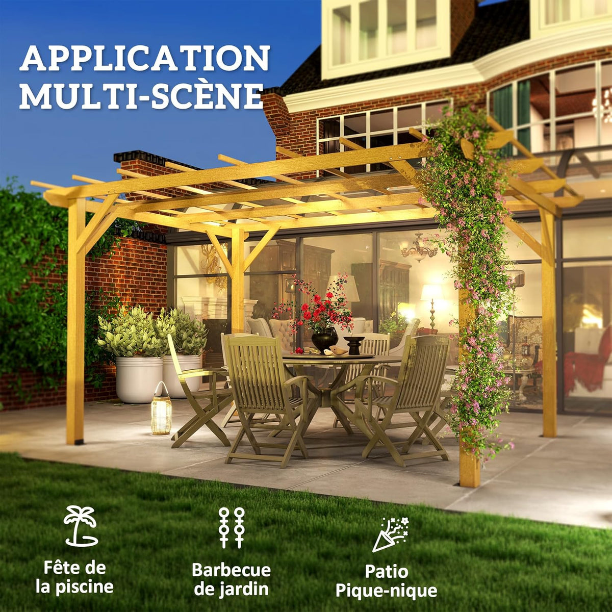 Outsunny Pergola Garten im Freien 3 x 4 m versenkbare Schiebepergola, Holzpergola, Gartenlaube für Kletterreben, Blumen, Rosen, Pergola für Terrasse, Patio, Naturholz