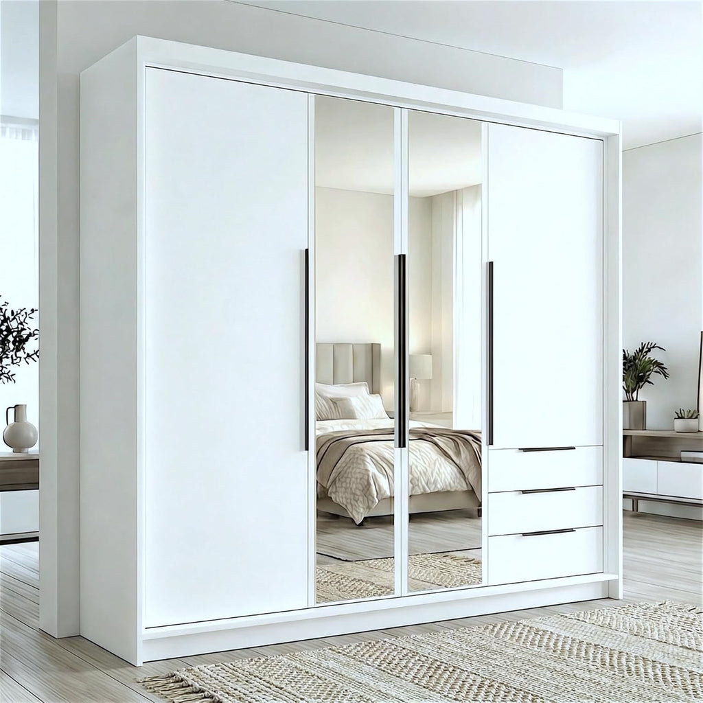 A und J MöbelLand VIVO Kleiderschrank 4-türig mit Spiegel und Schubladen - 200 x 215 cm - Drehtürenschrank mit Kleiderstange und Einlegeböden