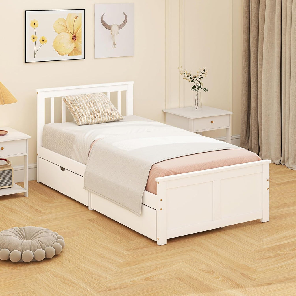 HOMCOM Bett 90 x 200 cm Bettrahmen mit Lattenrost aus Holz, Schublade, Unterbettaufbewahrung, Einzelbett, Holzbett mit Kopfteil, Bettgestell für Schlafzimmer, Gästezimmer, Weiß