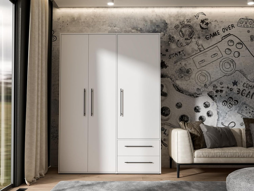 FORTE Jupiter Schrank 140 150, weißer Kleiderschrank, Drehtürenschrank, 3-türig, mit 2 Schubladen und Einlegeböden, Weiß, 145 cm breit x 59 cm tief x 200 cm hoch