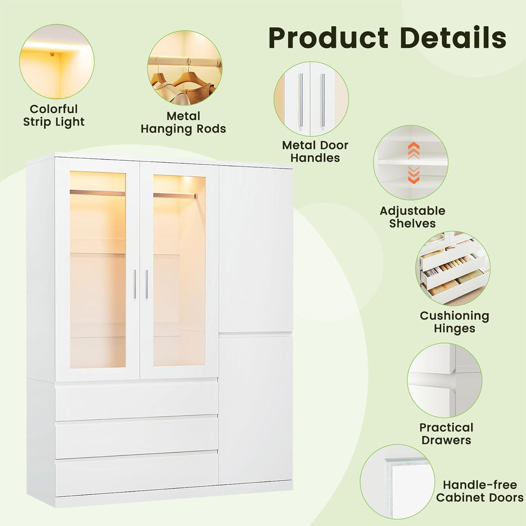 Dripex Vier Tore Schrank, Minimalistischer Wardrobe Closet mit Einer Kleiderstange und 3 Schubladen | 120 x 48 x 180cm | Weiß, Kleiderschrank für Schlafzimmer Kleiderschränke