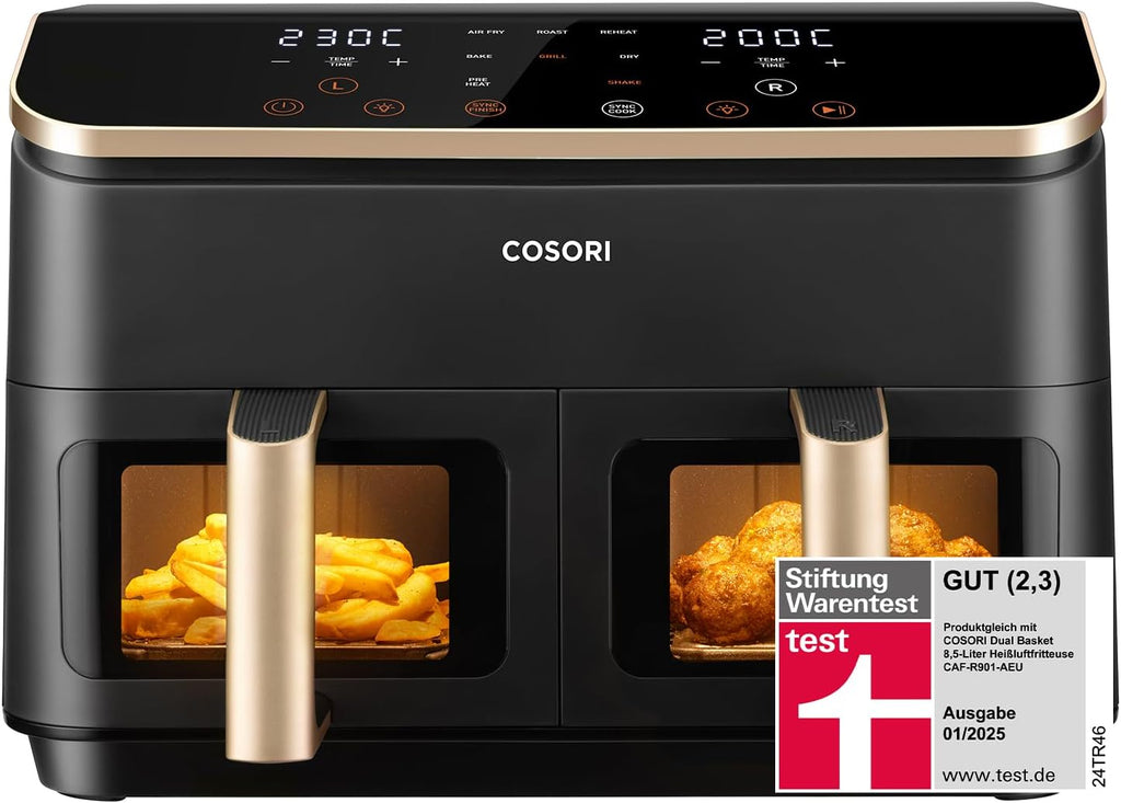 COSORI Heißluftfritteuse 2 Kammern, Airfryer Testsieger der Stiftung Warentest, 6-in-1 Dual Zone Air fryer 8,5 L, Heissluftfritteuse Doppelkammer mit Sichtfenster, energiesparend, Gold