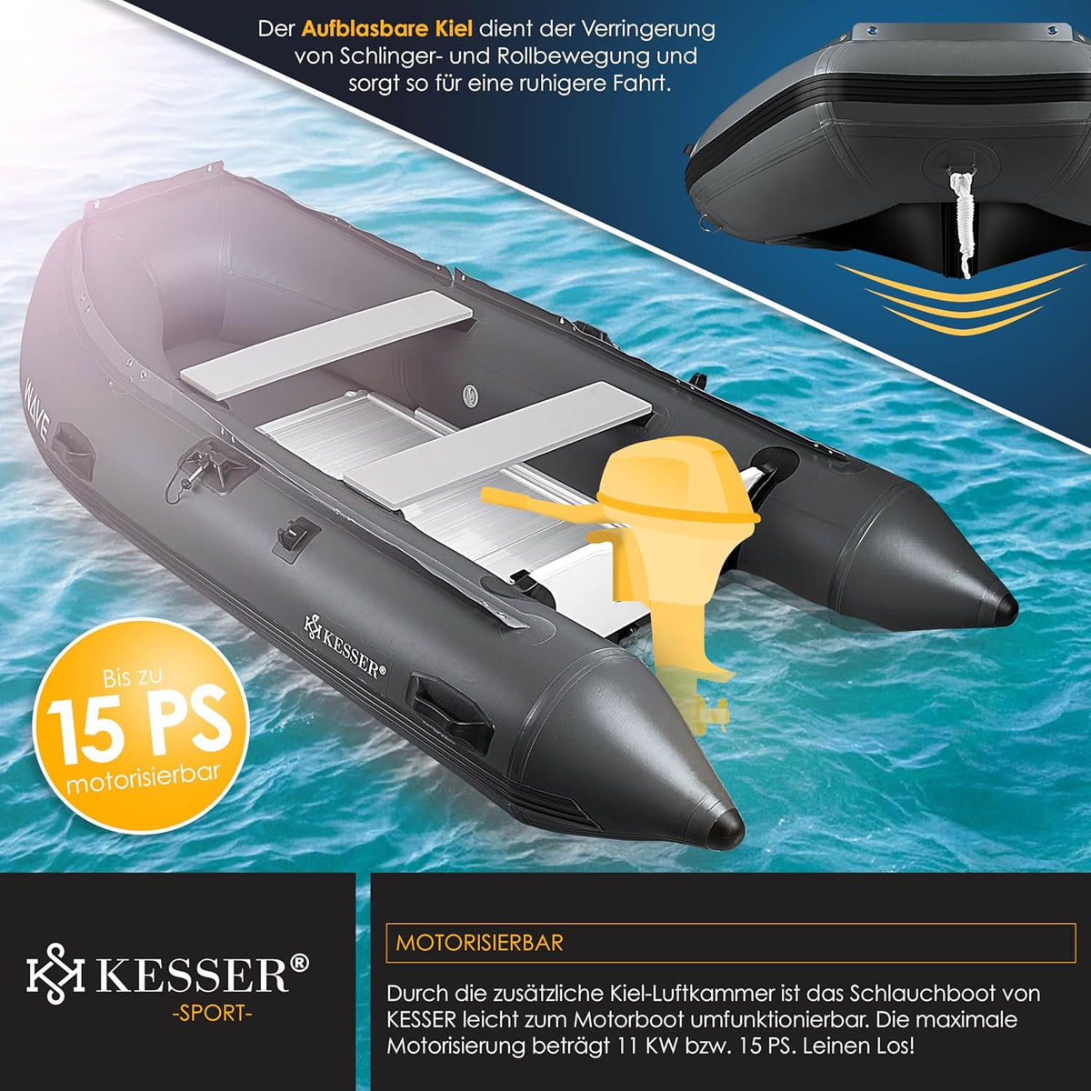 KESSER® Schlauchboot 3,20 m für 4 Personen - Wave Motor geeignet Freizeitboot Paddelboot Motorboot Angelboot - mit 2 Sitzbänken, Reparaturset & Tasche aufblasbar PVC