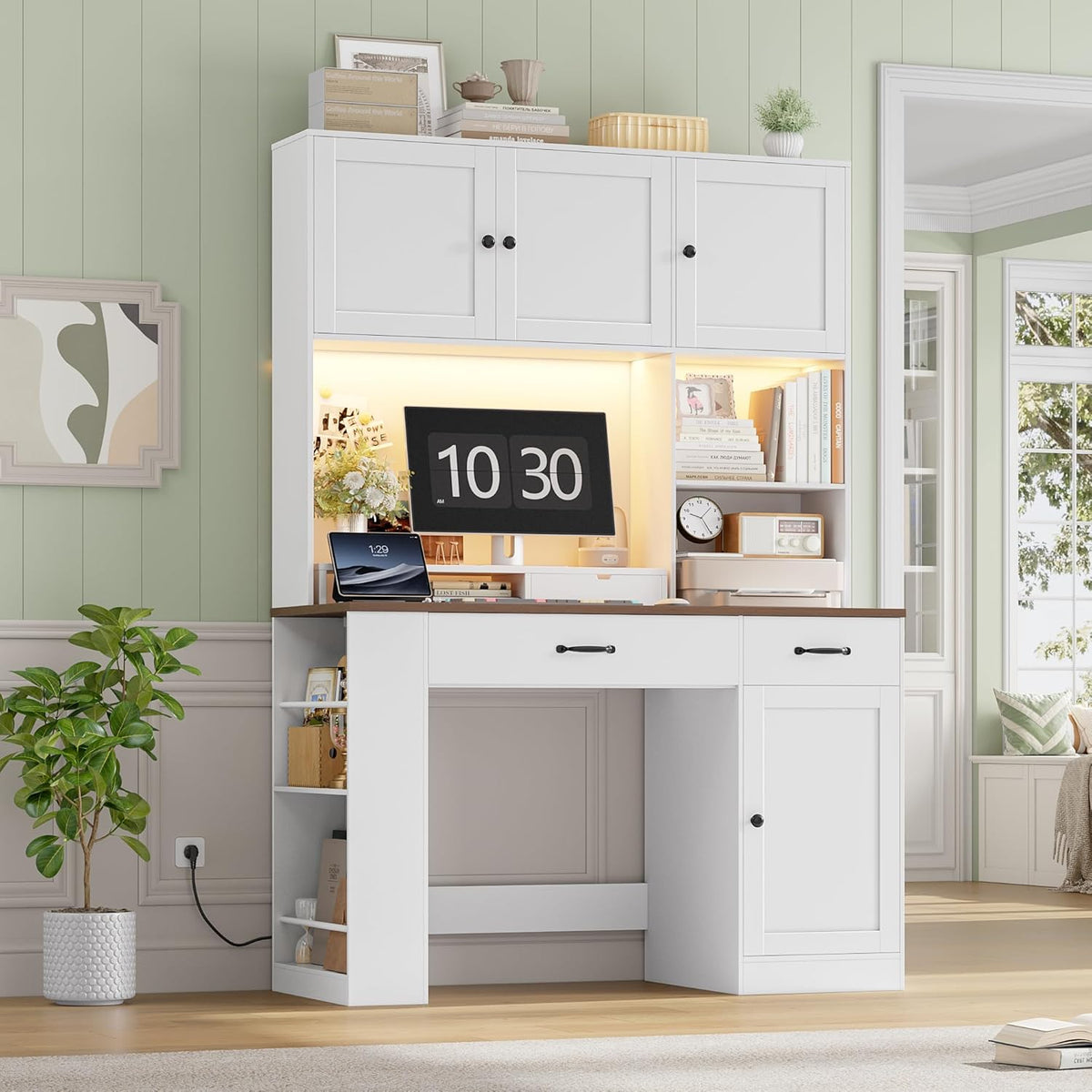 FirFurd 180cm hohe Schreibtisch mit Schubladen und Bücherregal, Computertisch aus Holz mit LED & Steckdosenleiste, Bürotisch PC-Tisch Möbel für Arbeitszimmmr, Büro, Kinderzimmer 180x120x50cm Weiß