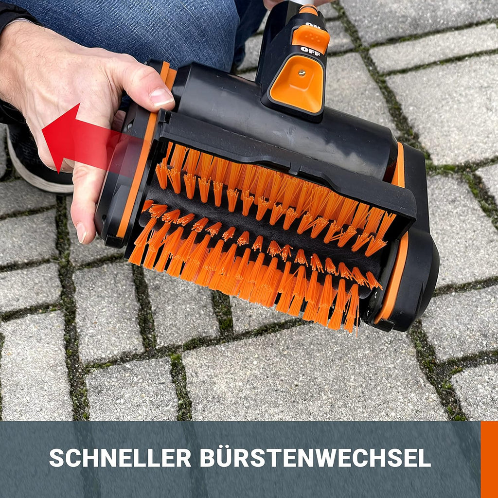 WORX WG441E Akku-Multi-Bürste 20V -multifunktionale Oberflächenbürste für Stein-& Holfzflächenreinigung & Unkrautentfernung -integrierter Wasseranschluss - inkl. 4Ah PowerShare Akku & Schnellladegerät