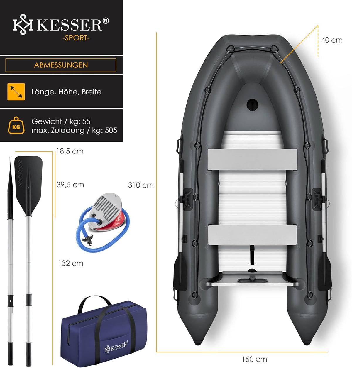 KESSER® Schlauchboot 3,20 m für 4 Personen - Wave Motor geeignet Freizeitboot Paddelboot Motorboot Angelboot - mit 2 Sitzbänken, Reparaturset & Tasche aufblasbar PVC