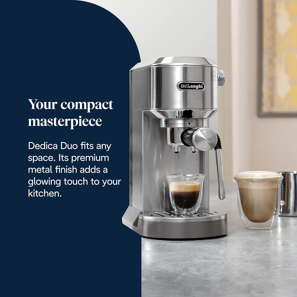 De'Longhi Dedica Duo - Perfetto Kompakte Siebträgermaschine Espressomaschine mit Soft-Touch-Icons, manuellem Milchaufschäumer für Espresso, Cappuccino und Cold Brew, 15cm breit, Metall (EC890.M)