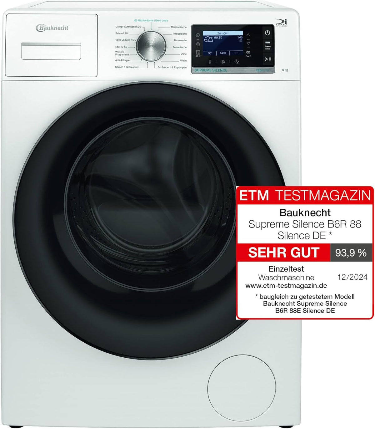 Bauknecht Waschmaschine 8kg, Stiftung Warentest GUT (2,4)*, Supreme Silence, EEK A-20%, 1400 U/min, ZEN-Motor, Besonders leise, Dampftechnologie, B6R 88 SILENCE DE, Weiß