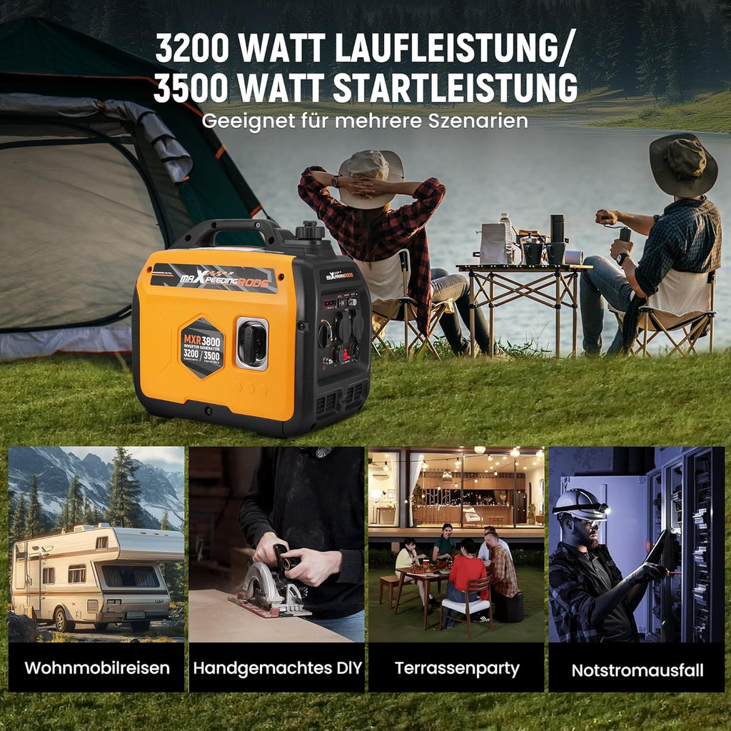 maXpeedingrods Inverter Stromerzeuger 3500W Superleise, Leicht und Mobil Benzin Notstromaggregat Stromgenerator, ECO-Modus mit 2x 230V / 2x USB / 1x 12V DC Steckdosen für RV Camping Festivals, Reise