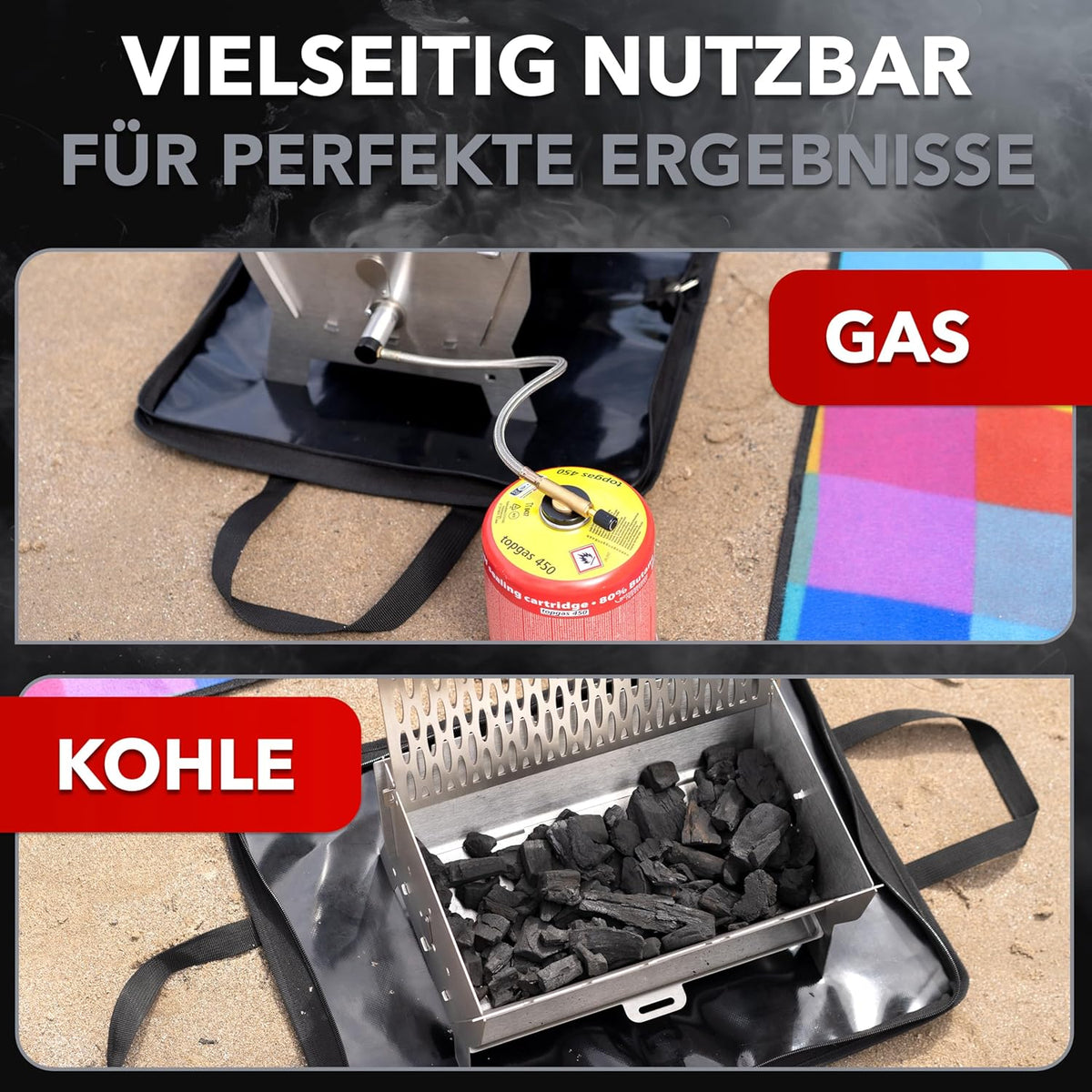 Grill | Mobiler Steck-Gasgrill – Tragbarer Edelstahlgrill mit Stecksystem – Gas- & Holzkohlebetrieb – Inkl. Tragetasche – Perfekt für Camping, Balkon, Garten & Outdoor - Camping Grill