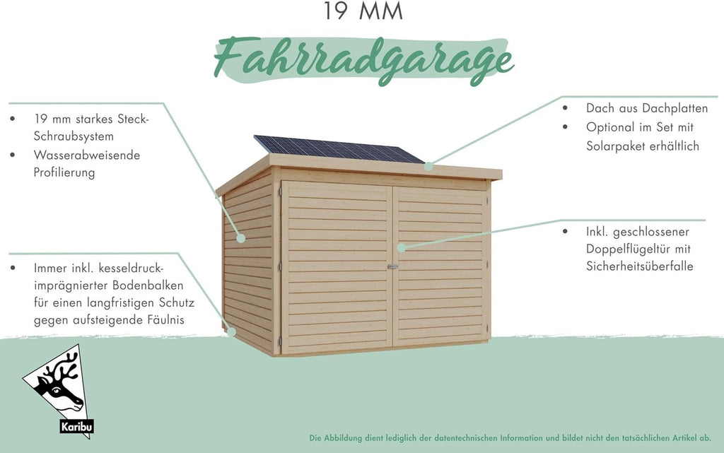 Karibu Fahrradgarage aus nordischer Fichte für 4 Fahrräder – Wetterfest, 4,6 m² Grundfläche, in Natur oder terragrau optional mit Solaranlage (naturbelassen)