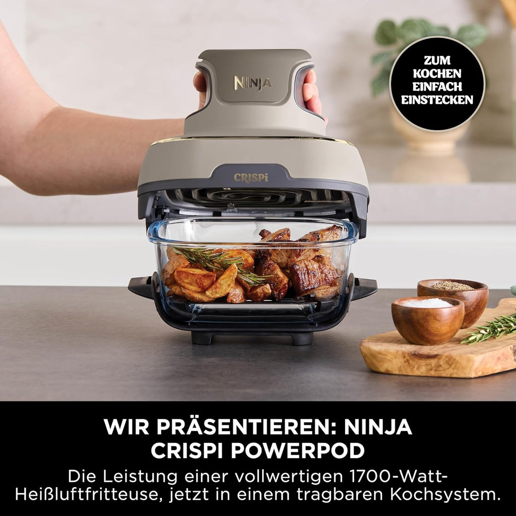 Ninja CRISPi tragbare Air fryer Heißluftfritteuse, 3,8 l, 4-in-1: Heißluftfrittieren, Braten, Warmhalten, Recrisp, 6 Portionen, 2x herausnehmbare Glasbehälter & Deckel, 1700 W, Stone Gold FN101EUSTGD