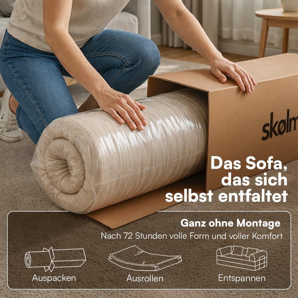 skølm Lofn Ecksofa 4 Sitzer – Wohnlandschaft L-Form Cord – Klappsofa 300cm breit Dunkelgrün – ausklappbar zum Schlafsofa, Bodensofa – Vollschaum Sofa mit 4 Kissen & Stahlgestell – Cloud Couch boneless | ohne Aufbau