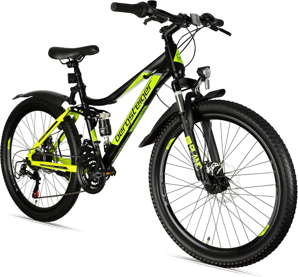 Bergsteiger Broome 24, 26 Zoll Kinderfahrrad, 21 Gang-Schaltung, StVZO, Mountainbike mit Vollfederung, Scheibenbremsen & Dynamo-Licht, geeignet für 8, 9, 10, 11, 12, 13 Jahre, Jungen & Mädchen
