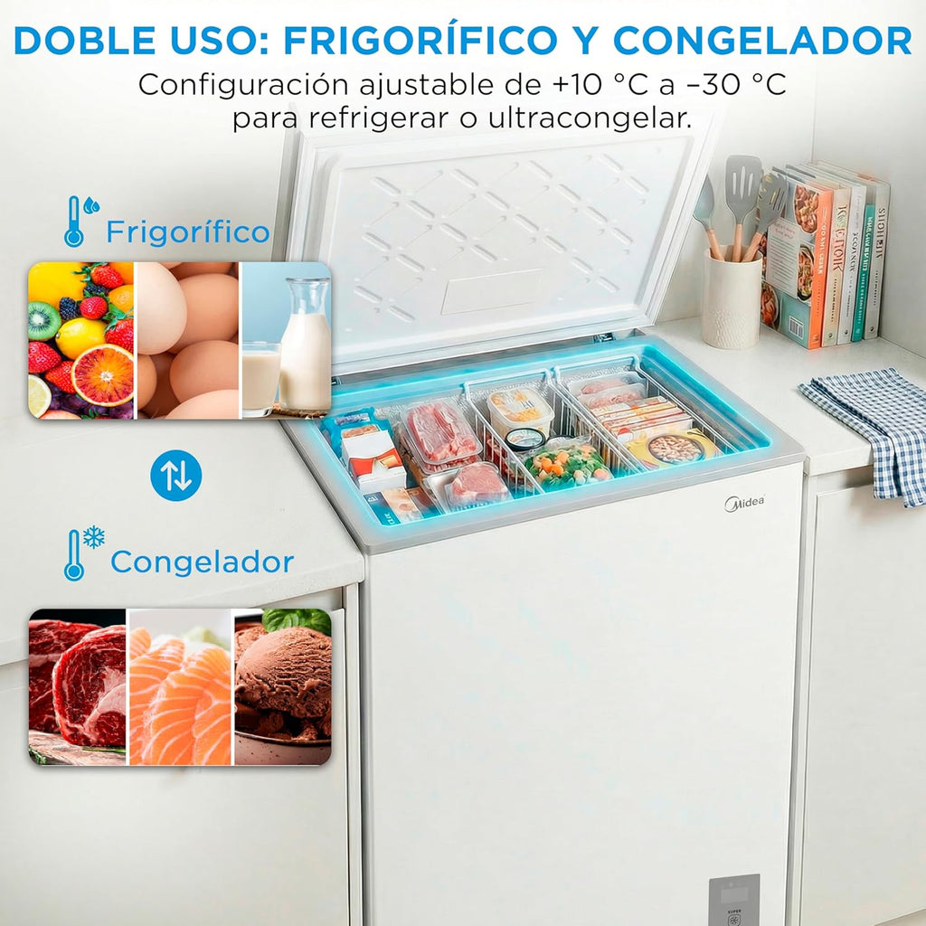 MIDEA Arcon Congelador Pequeño de 143L | Congelador Horizontal Convertible a Frigorífico con Motor Inverter, Control Electrónico de Temperatura, Cestas con Asa | Arcón Silencioso 37 db Bajo Consumo