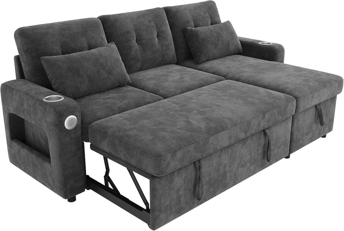 Merax Sofa Ecksofa mit Schlaffunktion und Bettkasten, Praktisches Schlafsofa mit Stauraum, LED-Beleuchtung, USB/Typ-C und 2 Getränkehalter, Ausziehbares Schlafcouch L-Form, Chenille Stoff, Grau