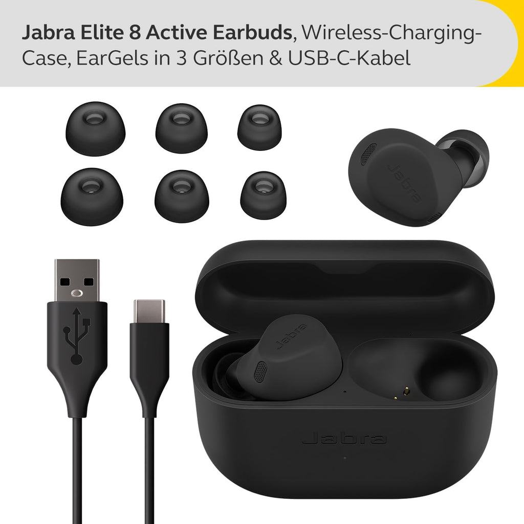 Jabra Elite 8 Active schnurlose In-Ear-Bluetooth-Kopfhörer mit adaptiver, hybrider aktiver Geräuschunterdrückung (ANC) und 6 eingebauten Mikrofonen, Wasser- und schweißresistent - Schwarz