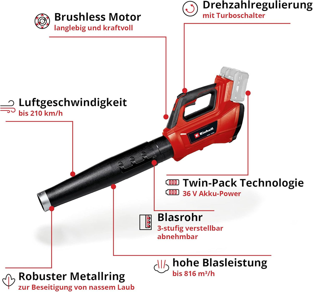 Einhell Akku-Laubbläser GE-LB 36/210 Li E Power X-Change (Li-Ion, 36 V, 816m3/h Blasleistung, Turboschalter, 3-stufiges + abnehmbares Rohr, inkl. 2x3 Ah Akku und Twincharger)