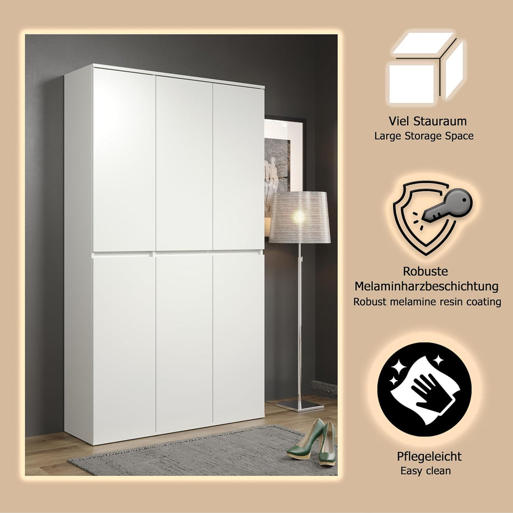 trendteam smart living - Nevada - Mehrzweckschrank - Weiß - Schrank mit 6 Türen, 12 Einlegeböden und 1 Kleiderstange - (BxHxT) 111 x 191 x 34 cm - grifflose Türen