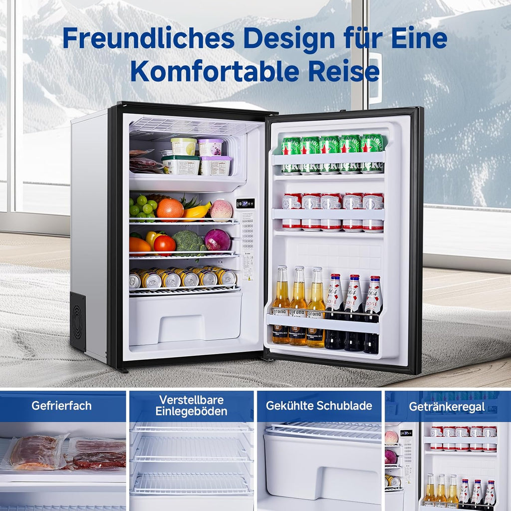 AAOBOSI 110L Kompressor Kühlbox, Zwei Temperaturzonen, Wohnmobil Kühlschrank mit LED-Leuchten, 12/24V DC, Großem Fassungsvermögen Kühlbox Auto, bis -15℃ für Auto, Wohnmobile, Boote, Camping und Reisen