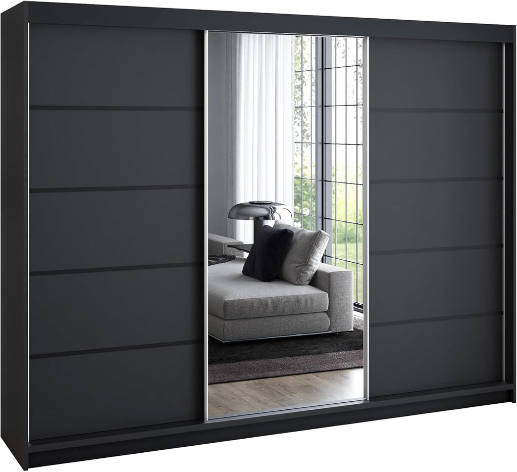 A&J MöbelLand Schwebetürenschrank VILUNO 2 Kleiderschrank 3-türig 200 cm mit Spiegel, 4 Schubladen & 2 Kleiderstangen, Geräumiger Schlafzimmerschrank (Schwarz)