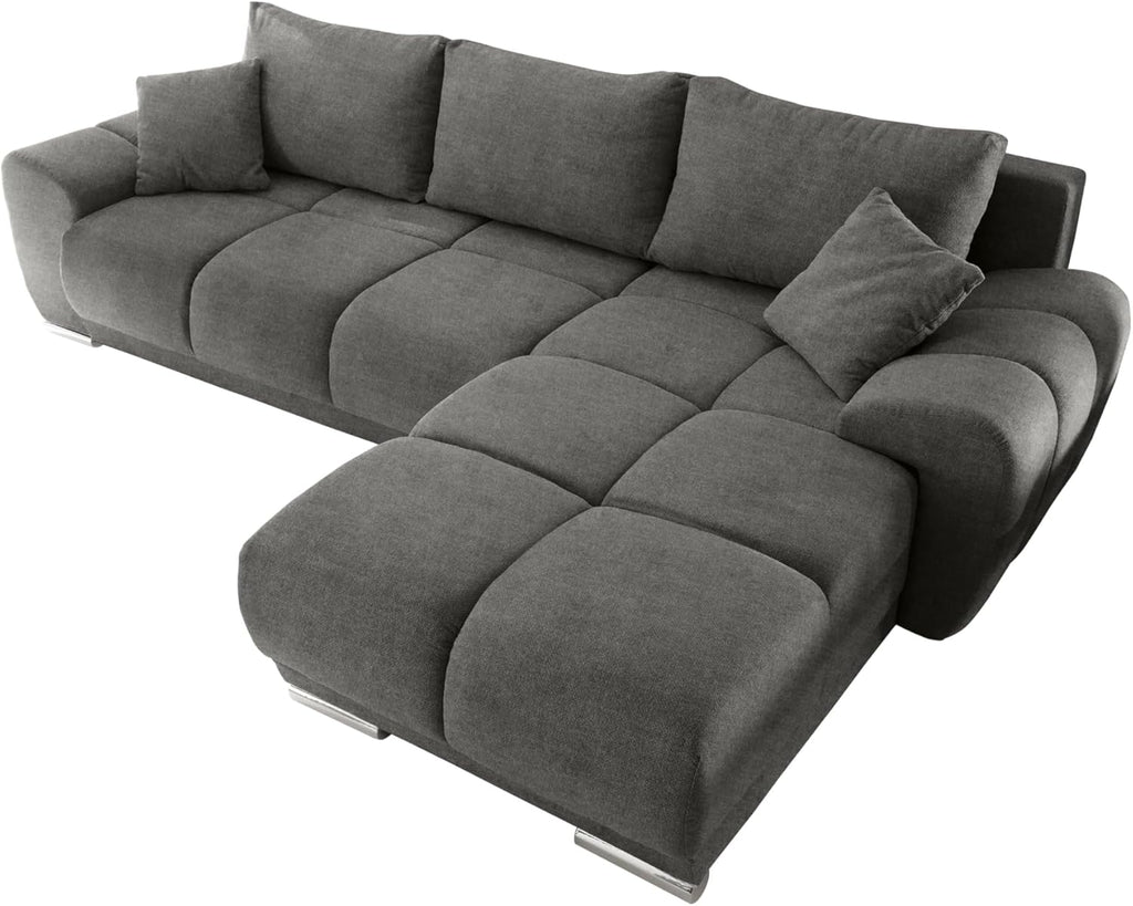 Stella Trading ANTON Ecksofa mit Schlaffunktion, Stoffbezug Uran Stone - Moderne Eckcouch in L-Form mit Bettkasten & dekorativer Steppung - 289 x 85 x 189 cm (B/H/T)