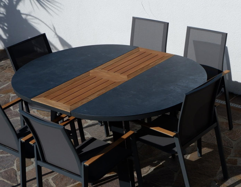 ALEOS. Gartengarnitur Gartenset Aluminium Teak Set mit rundem Ausziehtisch 120cm auf 160cm ausziehbar + 6 Stapelstühle anthrazit Trinidad