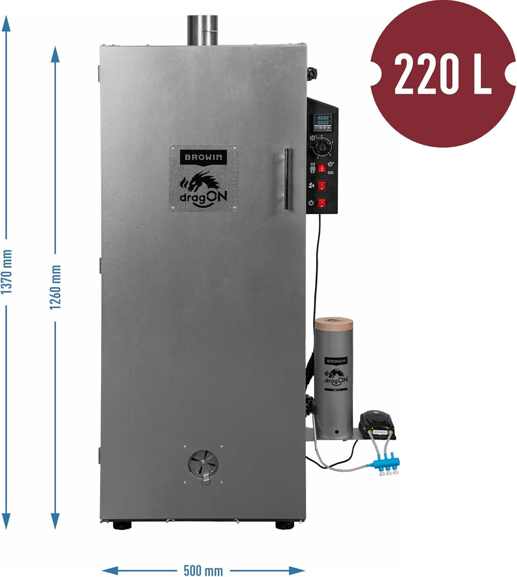 BROWIN dragON Räucherofen | Elektrisch | Stahl | 1500W | 220L Fassungsvermögen | 50x51x125cm | 49,1kg | Digitale Steuerung | Räucherset | 330350
