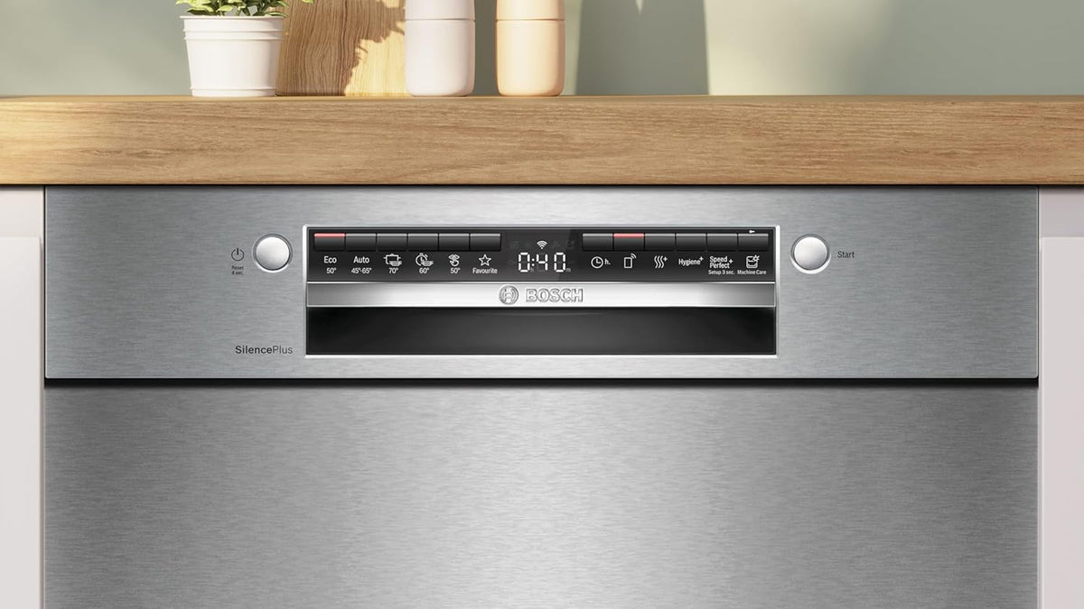 Bosch SMU4ETS08E, Serie 4, Smarter Unterbau-Geschirrspüler 60 cm, Besteckkorb, Spülmaschine mit Programmassistent, besonders Leise, höhenverstellbarer Oberkorb, Automatische Türöffnung, Edelstahl