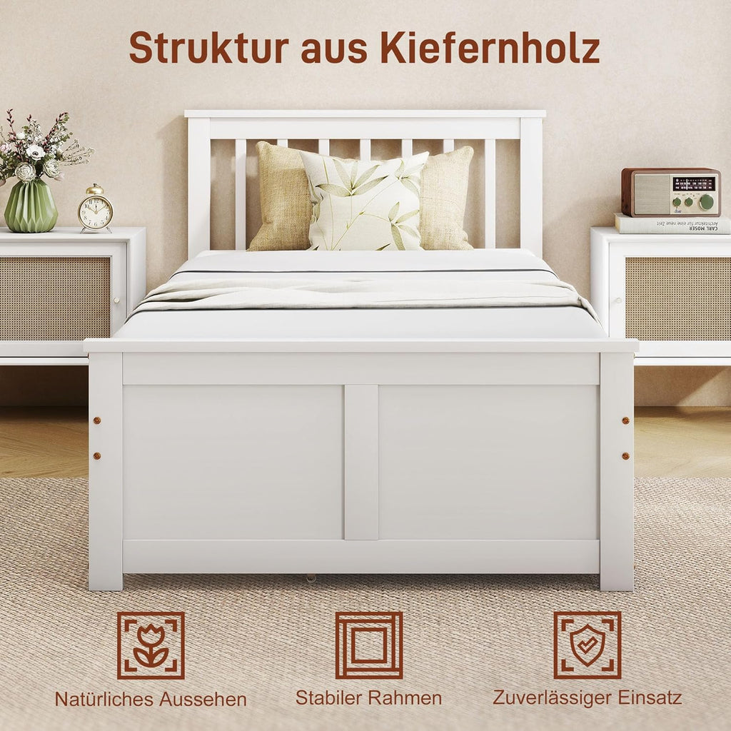 HOMCOM Bett 90 x 200 cm Bettrahmen mit Lattenrost aus Holz, Schublade, Unterbettaufbewahrung, Einzelbett, Holzbett mit Kopfteil, Bettgestell für Schlafzimmer, Gästezimmer, Weiß
