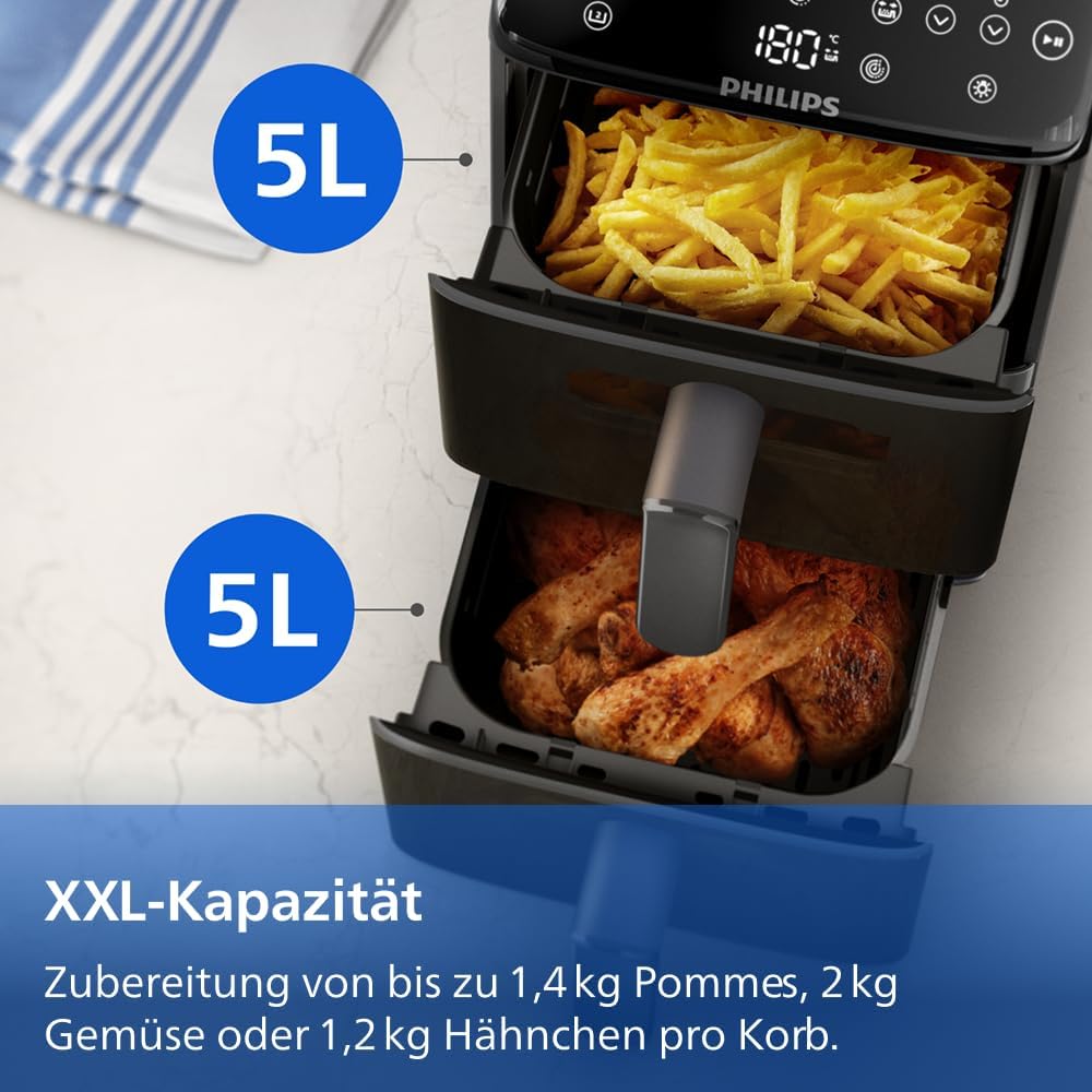 Philips Airfryer 4000 Series Stacked Dual Basket, Gestapelte Heißluftfritteuse 2 Kammern, 10L, RapidAir Technologie, 45% weniger Platzbedarf, PFAS-freie Keramikbeschichtung, Sichtfenster (NA460/00)