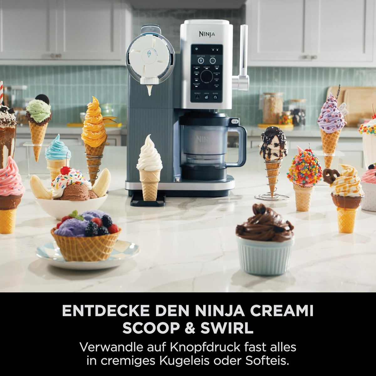Ninja CREAMi Scoop & Swirl Eismaschine mit 2 Behältern, 13 Funktionen, für Eiscreme, Softeis, Gelato, Sorbet, Milchshakes und mehr, mit Mix-In-Funktion, Platinsilber, NC701EU