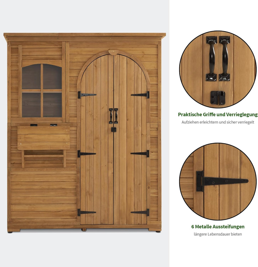 M MCombo Gartenschrank Geräteschuppen Holz Wetterfest, Gartenhaus Outdoor Wasserdicht Begehbar für Außenbereich Balkon Terrasse, Aufbewahrungsschrank mit 3 Regale 73×144×185 cm (Natur)