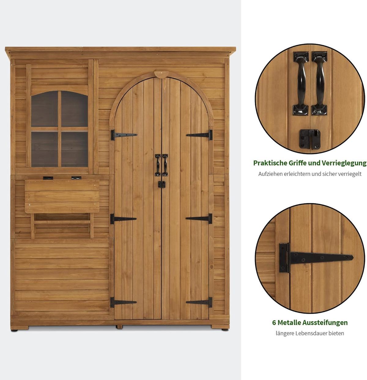 M MCombo Gartenschrank Geräteschuppen Holz Wetterfest, Gartenhaus Outdoor Wasserdicht Begehbar für Außenbereich Balkon Terrasse, Aufbewahrungsschrank mit 3 Regale 73×144×185 cm (Natur)