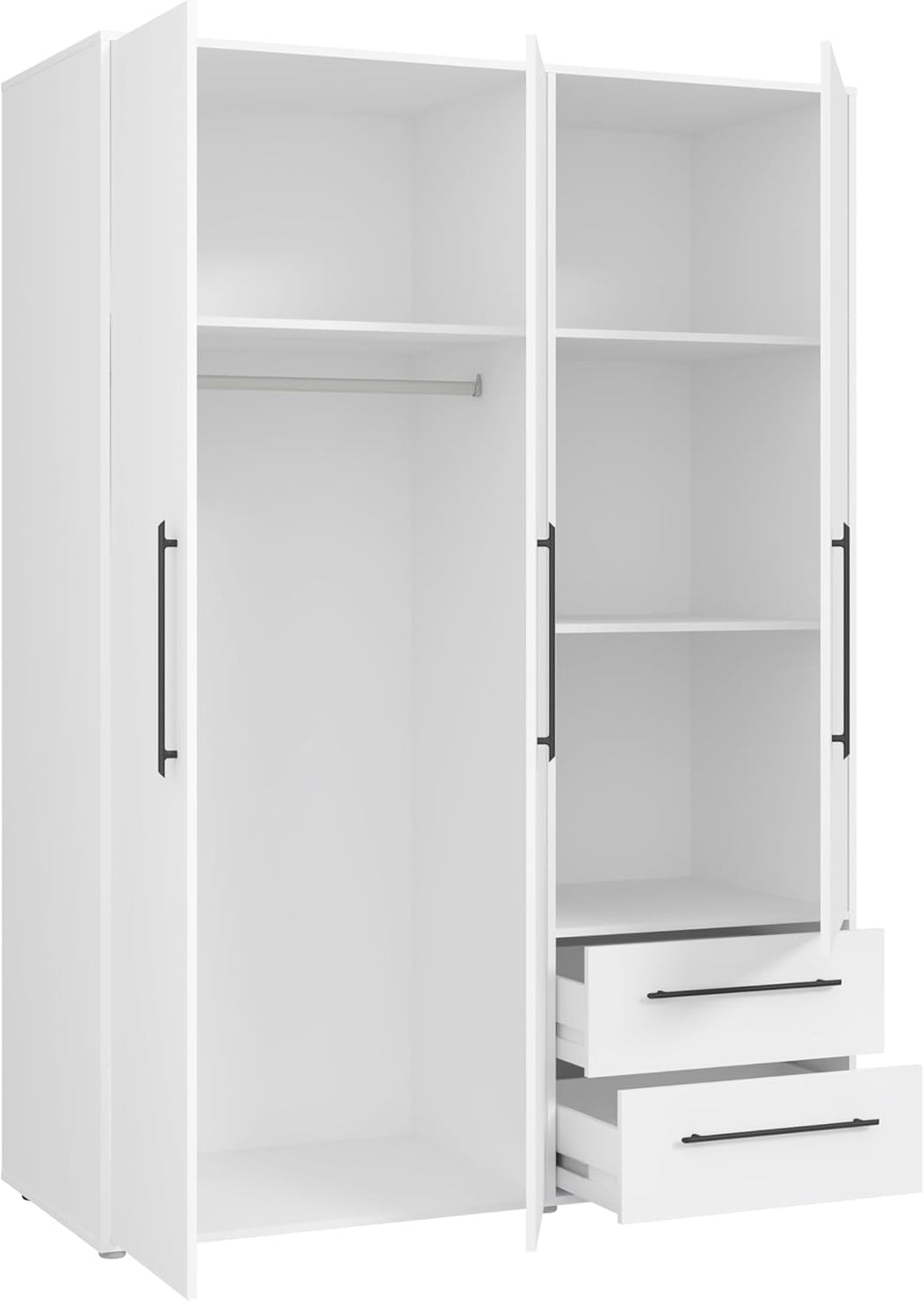 FORTE Jupiter Schrank 140 150, weißer Kleiderschrank, Drehtürenschrank, 3-türig, mit 2 Schubladen und Einlegeböden, Weiß, 145 cm breit x 59 cm tief x 200 cm hoch