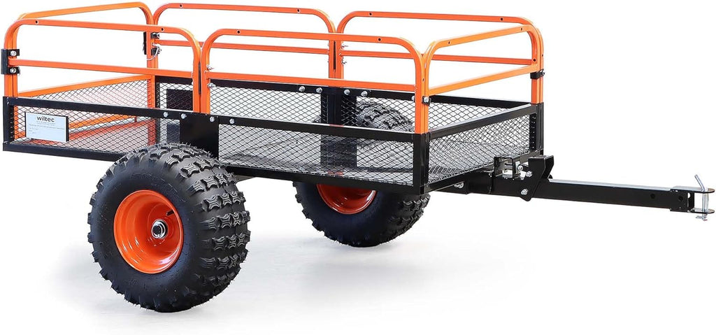 Wiltec Kippanhänger bis 680 kg für Rasentraktor, Anhänger Kipper 216 x 122 x 76,2 cm mit Gitter u. abnehmbaren Seitenwänden, Anhänger mit Kippfunktion