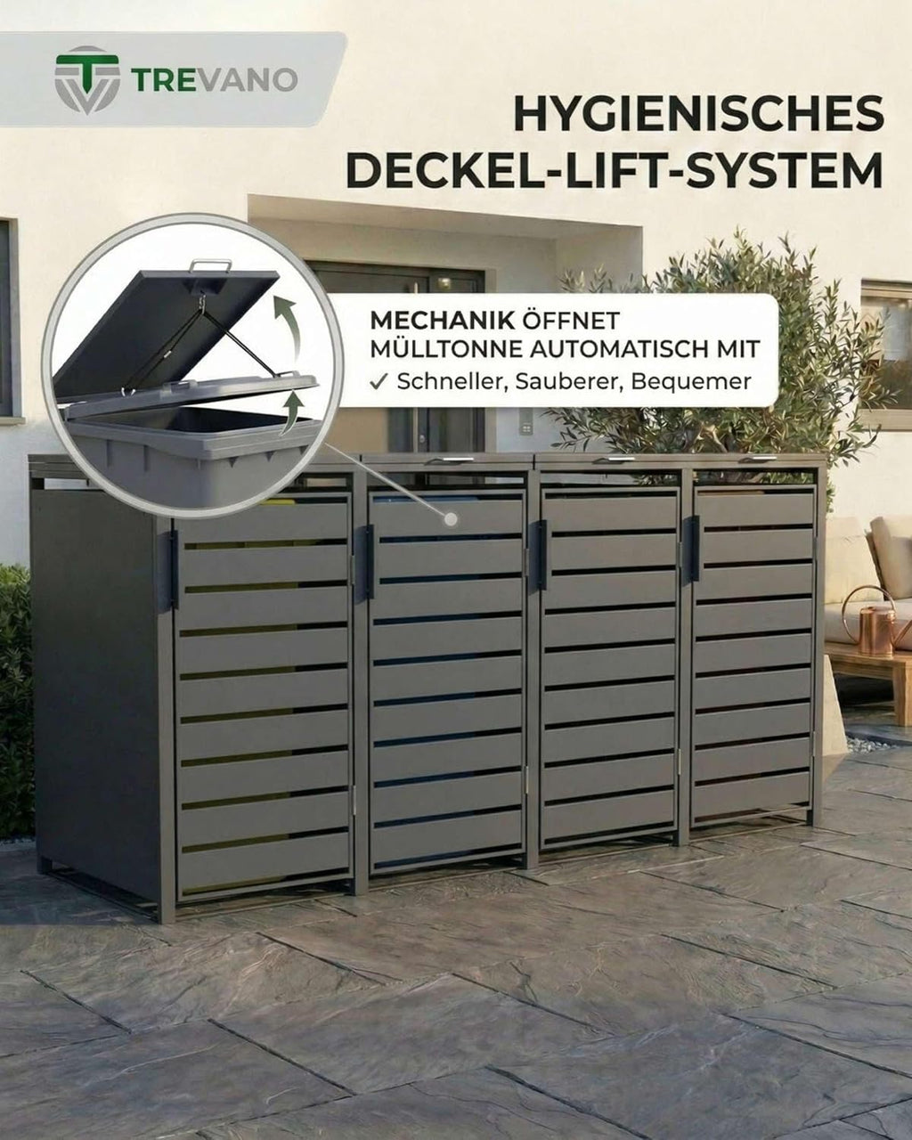 TREVANO Mülltonnenbox 3er 240l - Mülltonnenverkleidung 3 Tonnen Anthrazit - Robustes Mülltonnenhaus aus Stahl - Wetterbeständige Müllboxen für 3 Tonnen - Mülltonnen Unterstand 120l-240l