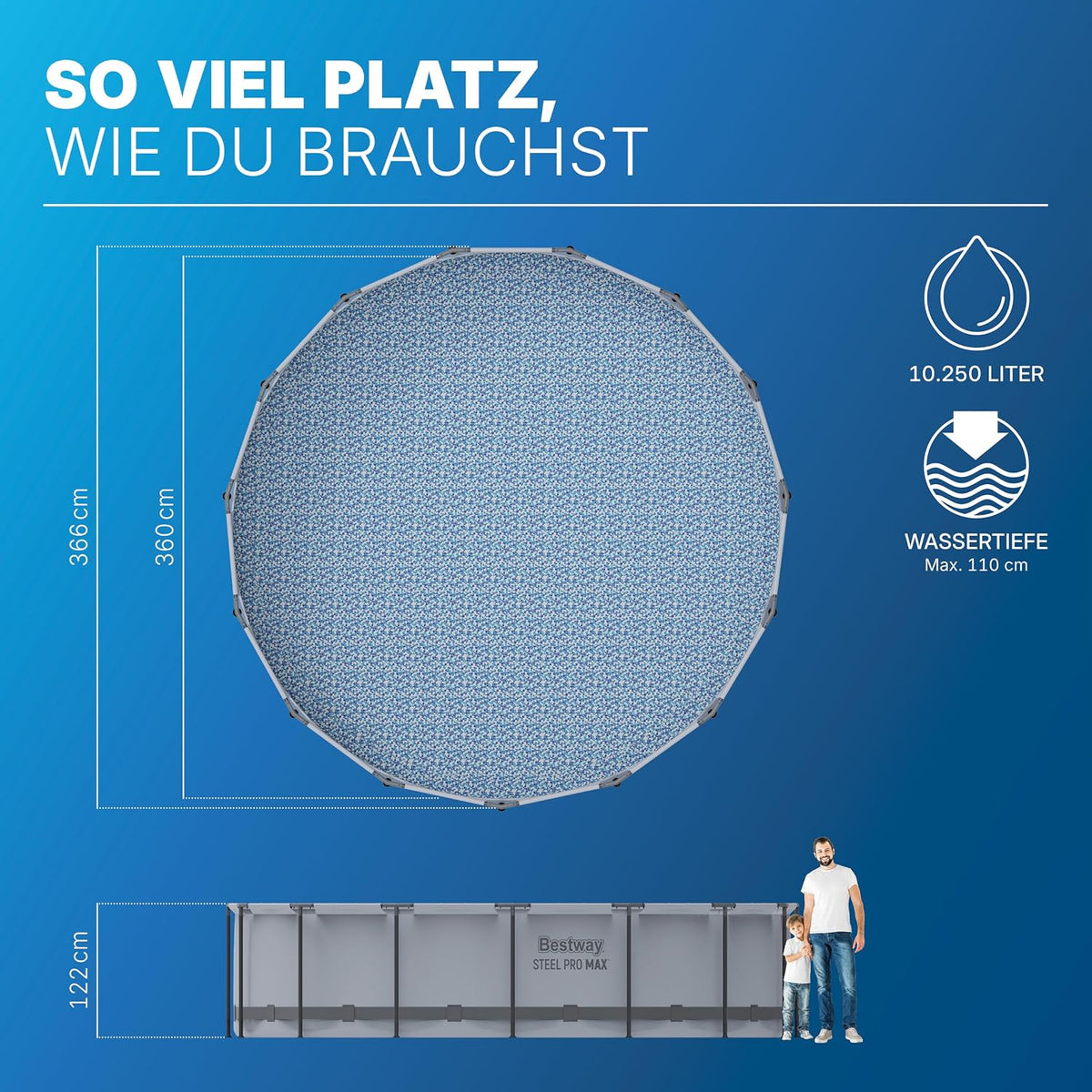 Bestway® Steel Pro MAX™ Aufstellpool Komplett-Set mit Filterpumpe Ø 366 x 122 cm, lichtgrau, rund