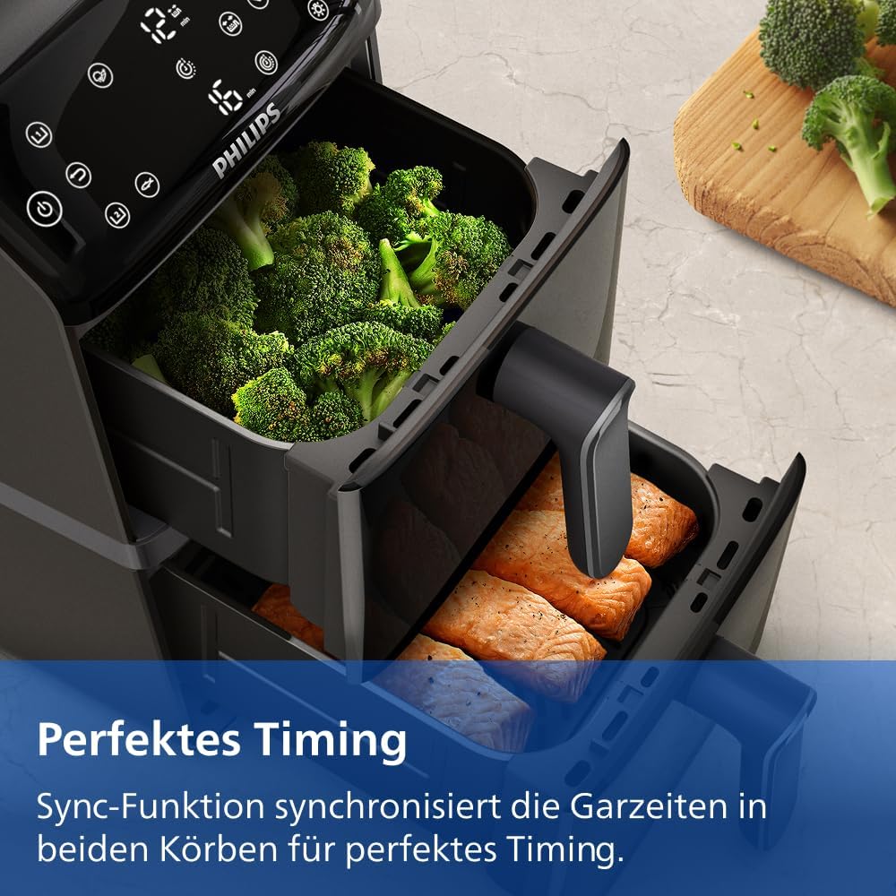 Philips Airfryer 4000 Series Stacked Dual Basket, Gestapelte Heißluftfritteuse 2 Kammern, 10L, RapidAir Technologie, 45% weniger Platzbedarf, PFAS-freie Keramikbeschichtung, Sichtfenster (NA460/00)