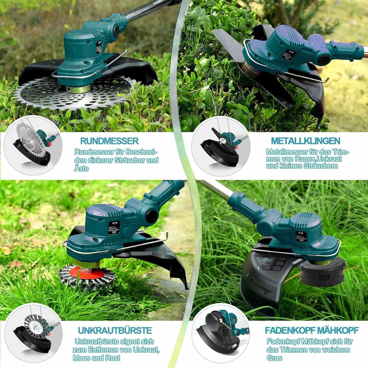 Rasentrimmer mit Akku 21V, 4 in 1 Akku Rasentrimmer für Makita Akkus, Rasentrimmer mit Unkrautbürste, Freischneider & Motorsense inkl.TAP-N'-GO Fadenkopf, 2 X 4.0Ah Akkus, 750W Bürstenloser Motor