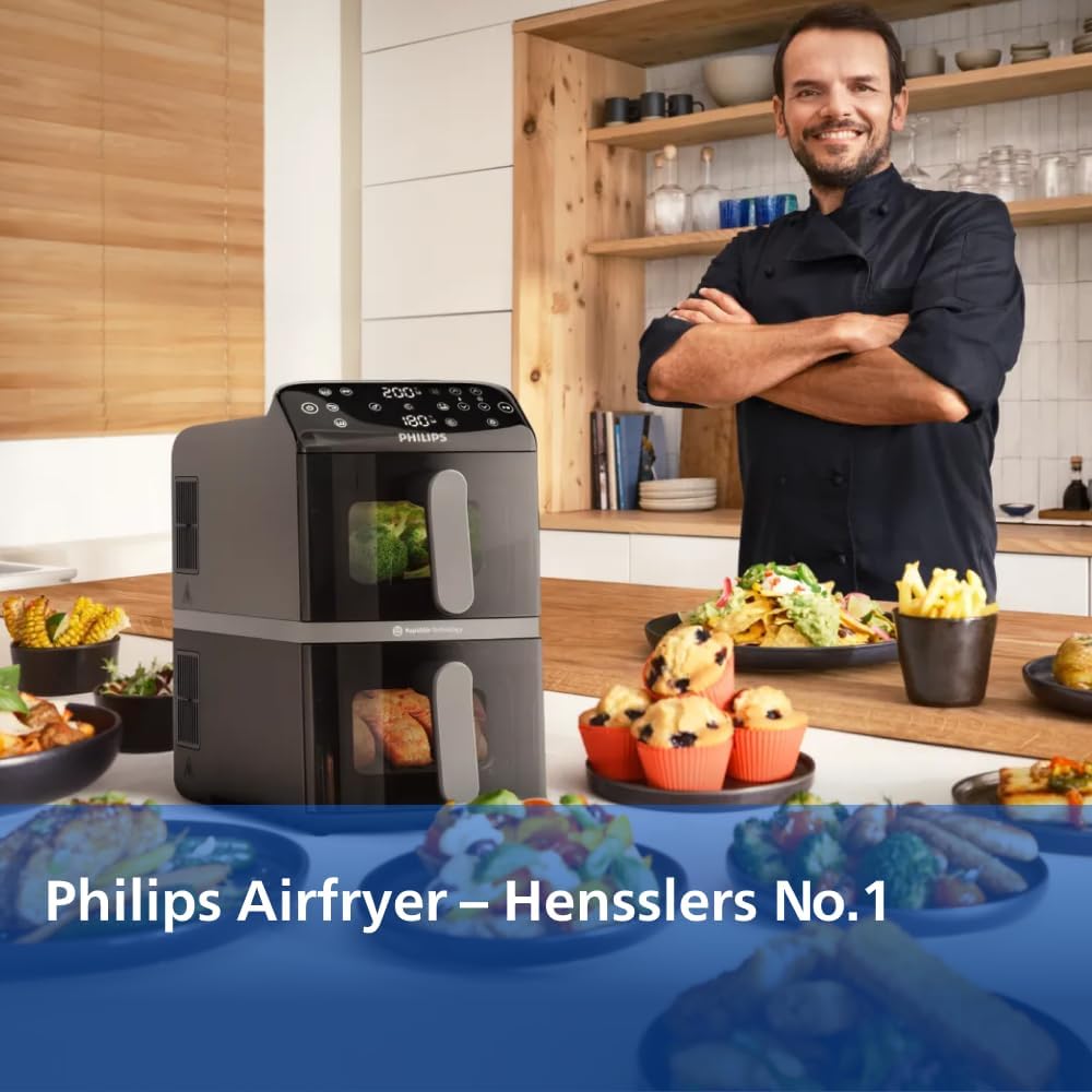 Philips Airfryer 4000 Series Stacked Dual Basket, Gestapelte Heißluftfritteuse 2 Kammern, 10L, RapidAir Technologie, 45% weniger Platzbedarf, PFAS-freie Keramikbeschichtung, Sichtfenster (NA460/00)