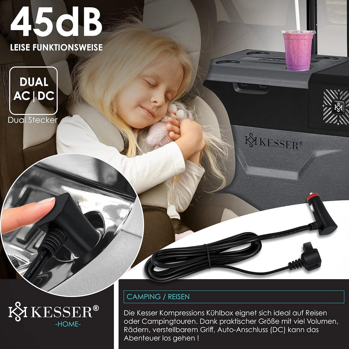 KESSER® Kompressor Kühlbox auto elektrisch 50L, Camping Kühlbox 12/24/230V mit APP-Steuerung, Gefrierbox bis –20 °C, Kühlbox mit Rädern & Teleskopgriff für Camping, Wohnmobil, LKW & Boot + 2 Kühlakkus