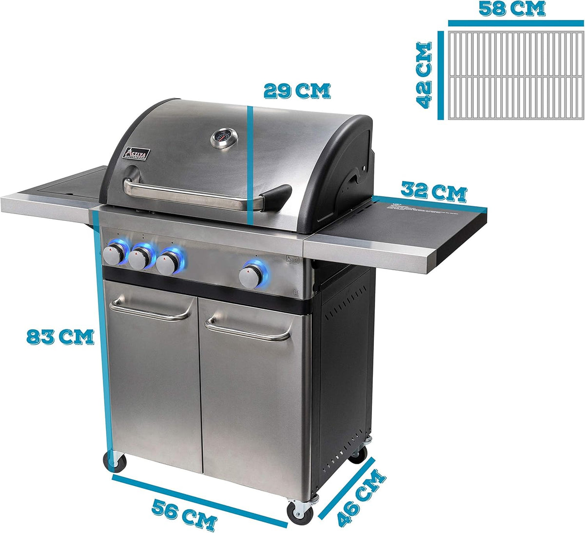 ACTIVA 3 Brenner Gasgrill "Silver Star 400" Grillwagen mit 800 Grad Infrarot Seitenbrenner, Gussrost, Deckelthermometer und zusätzlicher Ablage