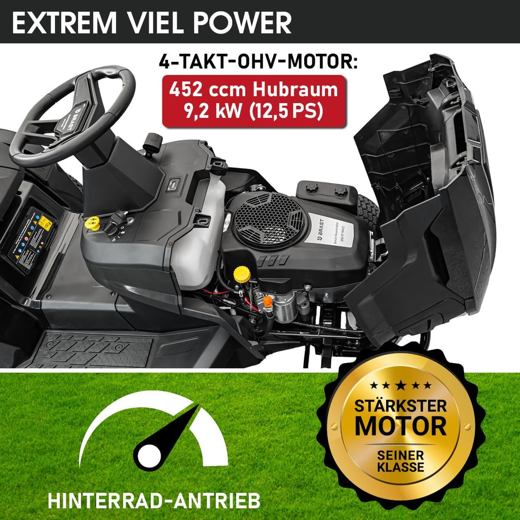 BRAST Benzin Rasentraktor Aufsitzmäher 9,2 kW (12,5 PS) Elektrostart XXL Schnittbreite 98cm 2in1-Funktion 7-Gang-Getriebe 245L Fangkorb für große Rasenflächen 1.000-5.000 m2