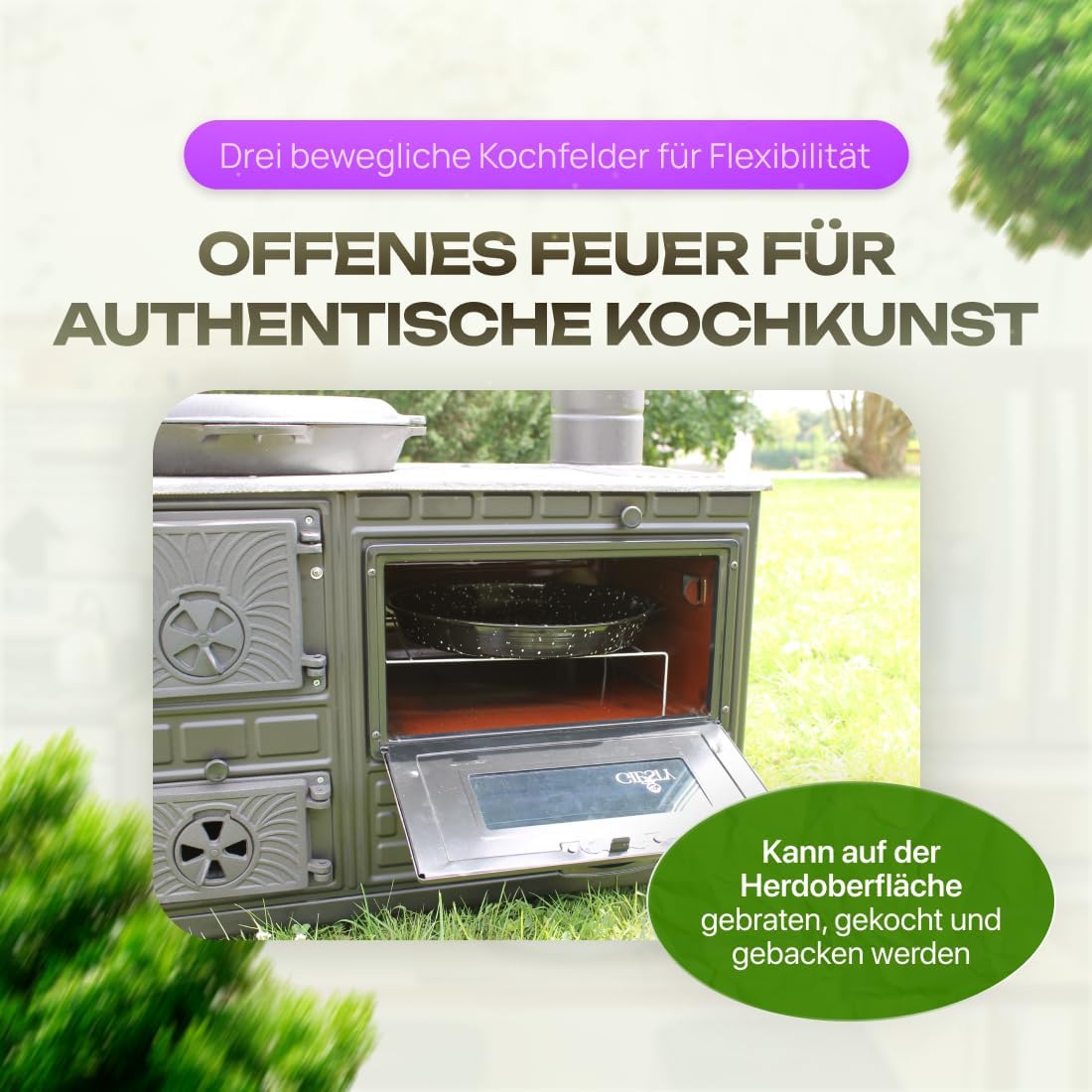 Outdoor-Küchenofen Terrassenofen, Holzofen mit Holz und Holzkohle, Garten-Kamin, Outdoor-Küchenherd, Kuzine Soba (Gusseiserne Tür+2 Rohre)