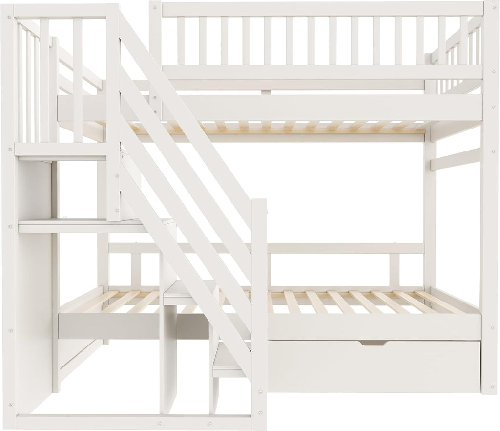 Kinderbett Etagenbett 90x200 Für 2 Kinder, Hochbett mit Treppe&Aufbewahrungsschrank&Schublade, Massivholz Funktionsbett Stockbett Jugendhochbett mit 2xLattenrost & Rausfallschutz, Ohne Matratze, Weiß