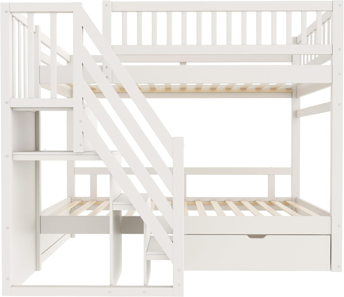 Kinderbett Etagenbett 90x200 Für 2 Kinder, Hochbett mit Treppe&Aufbewahrungsschrank&Schublade, Massivholz Funktionsbett Stockbett Jugendhochbett mit 2xLattenrost & Rausfallschutz, Ohne Matratze, Weiß