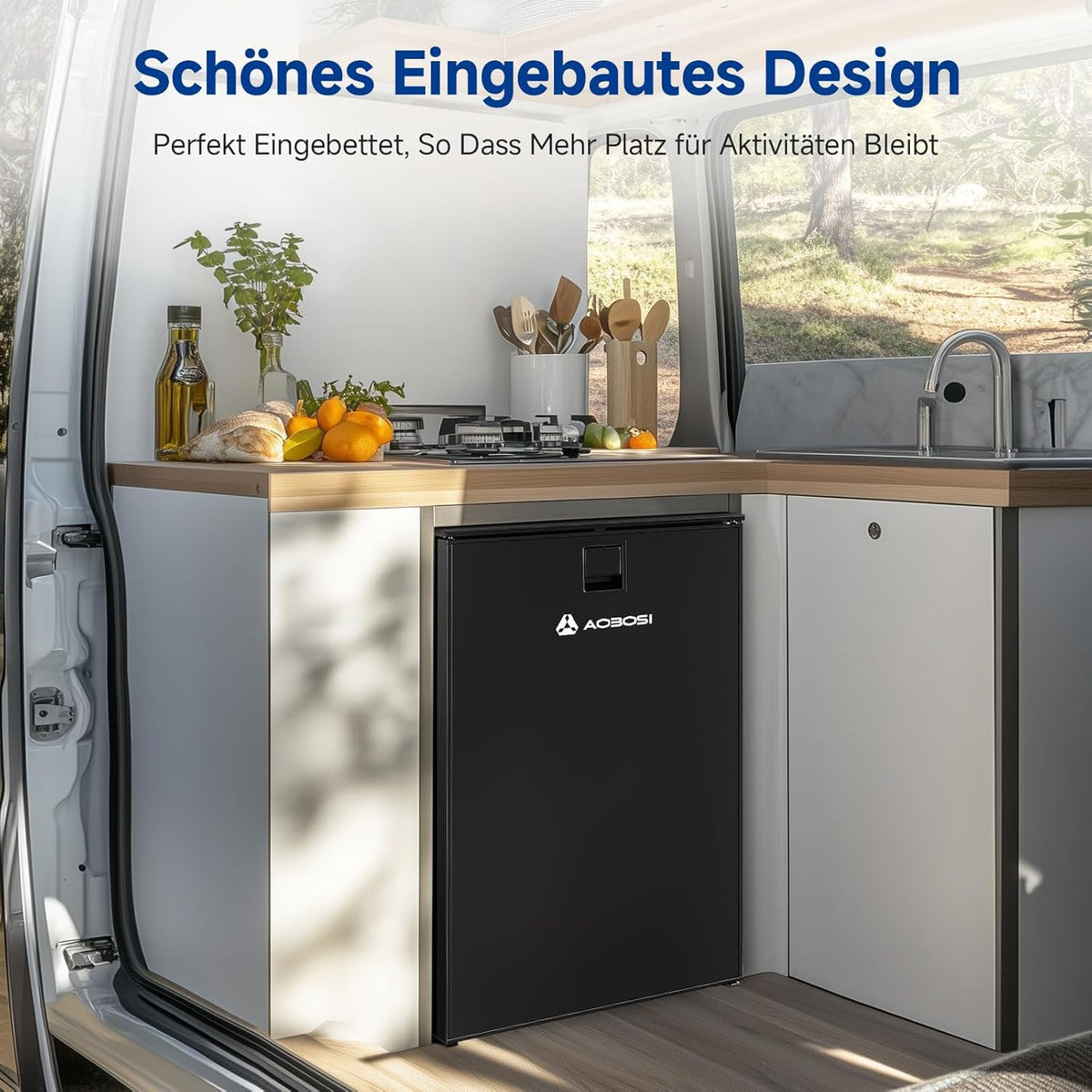 AAOBOSI 110L Kompressor Kühlbox, Zwei Temperaturzonen, Wohnmobil Kühlschrank mit LED-Leuchten, 12/24V DC, Großem Fassungsvermögen Kühlbox Auto, bis -15℃ für Auto, Wohnmobile, Boote, Camping und Reisen