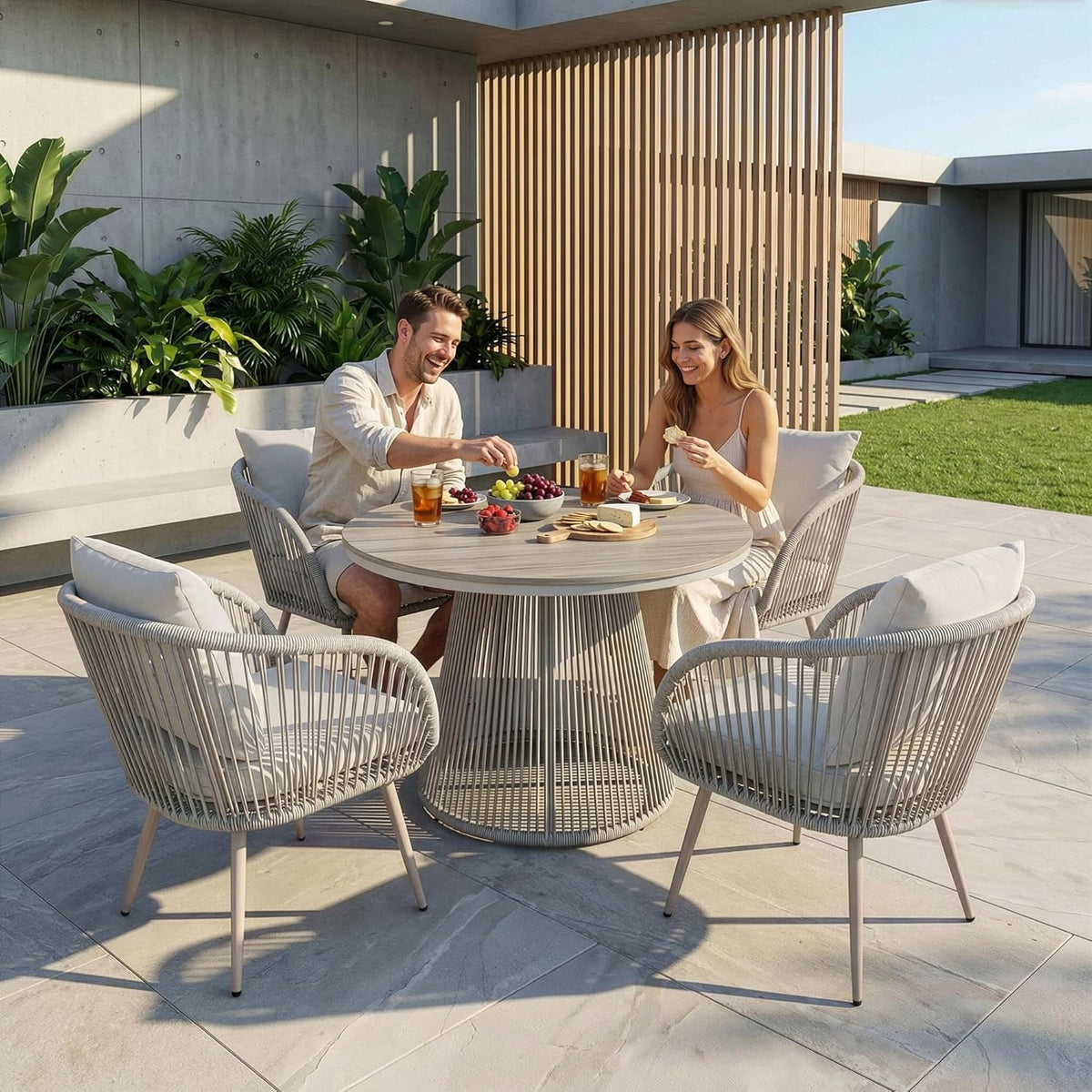 di volio Gartenmöbel Set MAZARO – Essgruppe Outdoor mit rundem Tisch & 4 Stühlen, Gartengarnitur wetterfest (Beige)