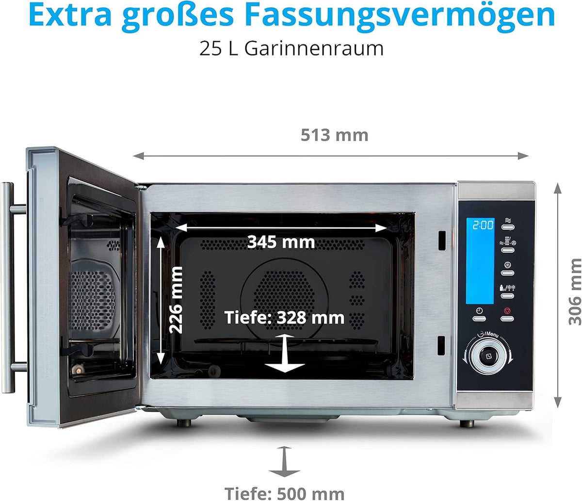 MEDION MD 15501 4 in 1 Mikrowelle mit Grill (25 Liter, 900 Watt, 1100 Watt Grill, 2500 Watt Heißluft, 10 Automatik-Programme) silber